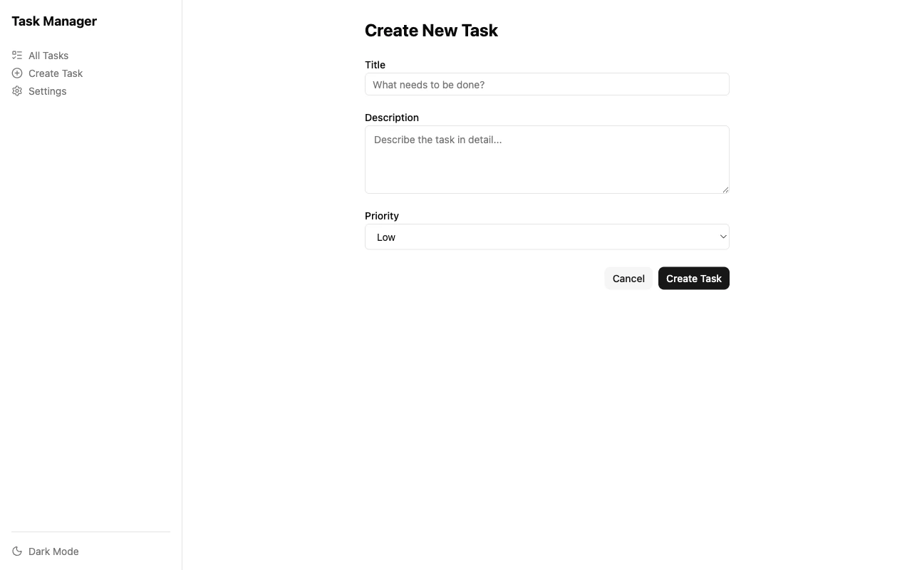 Create task form with title, description, and priority fields