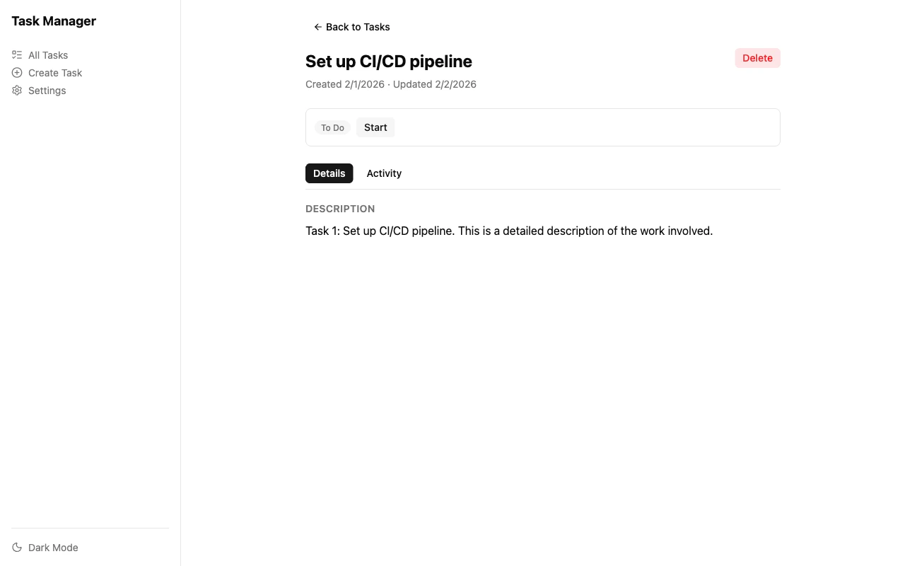 Task detail page with status controls and tabs
