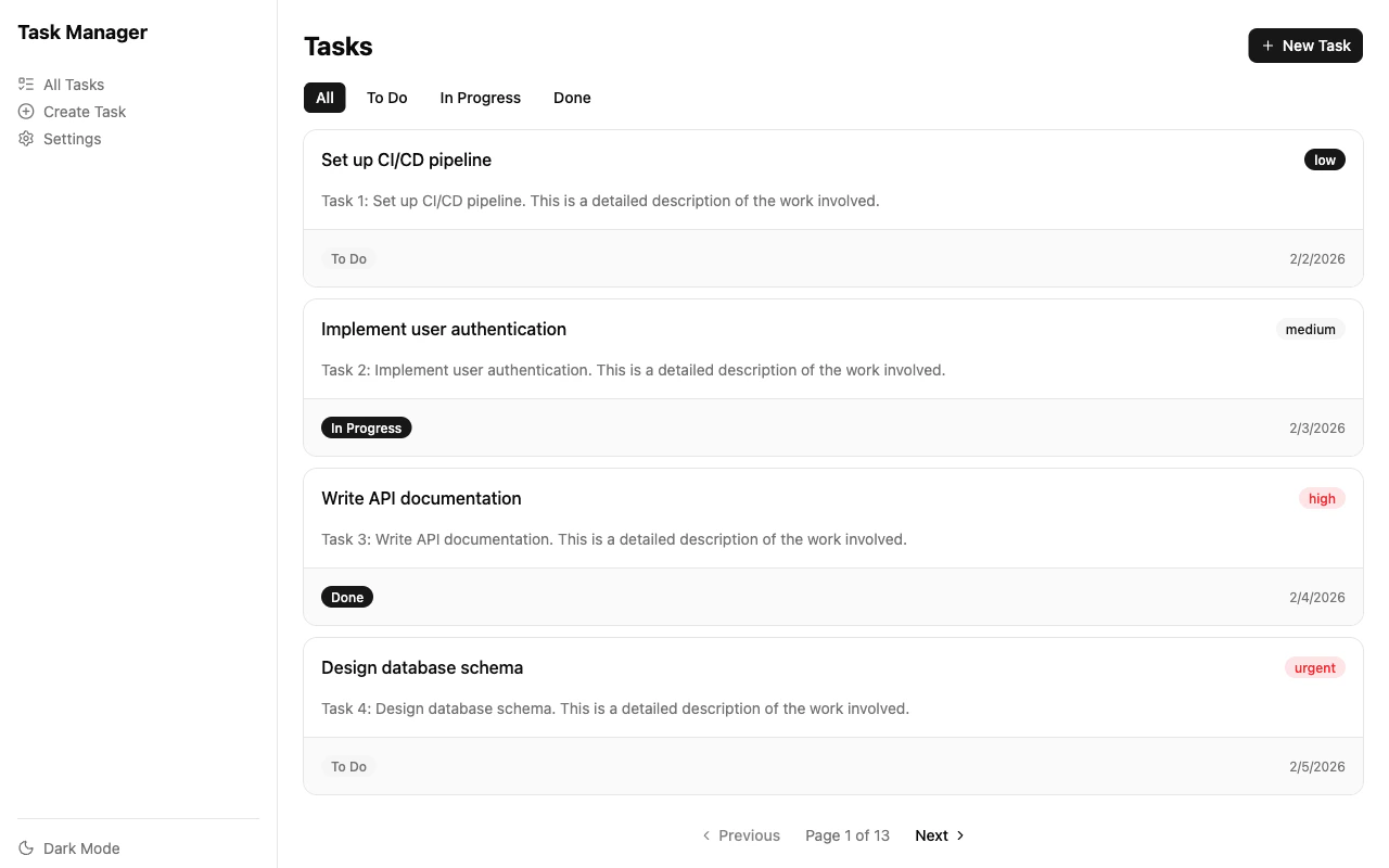 Task Manager — task list view with status filters and pagination