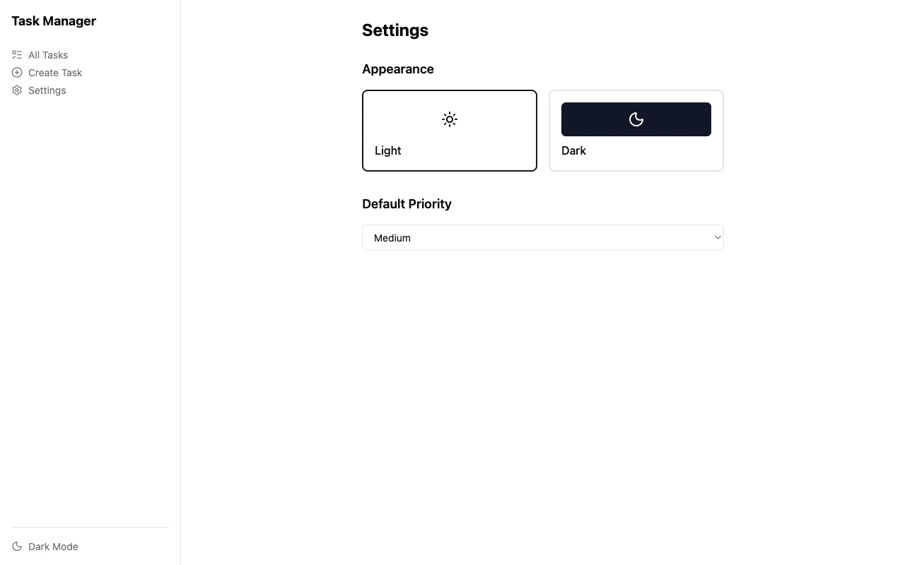 Settings page with theme toggle and default priority selector