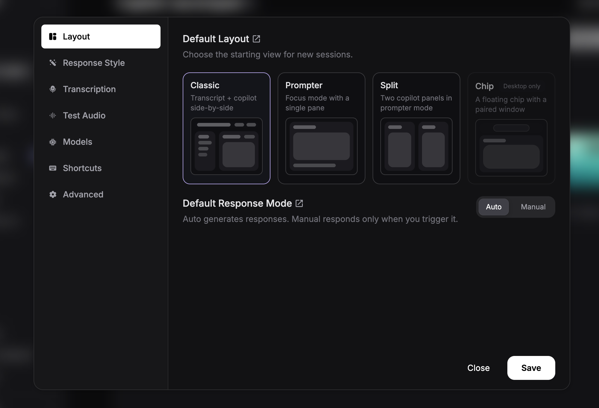 Layout settings modal