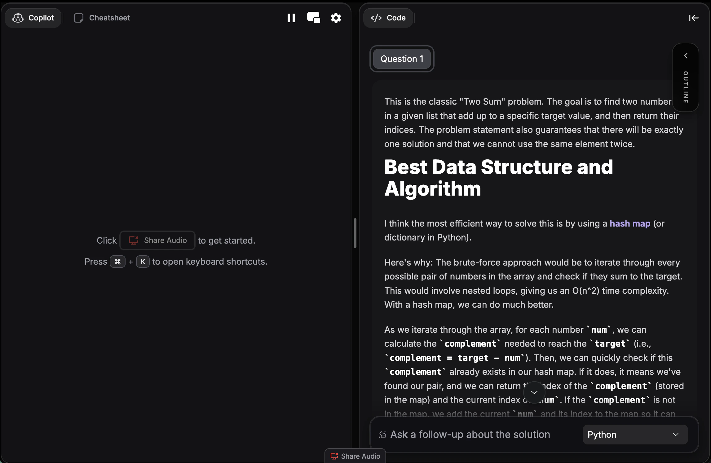 Coding copilot split screen mode