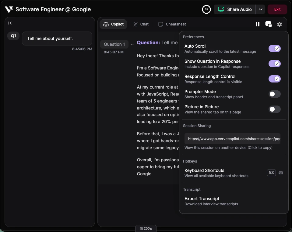 Copilot dropdown menu