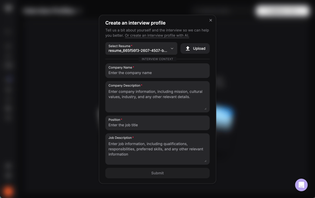 Interviewee User Profile Create Interview Profile - Verve AI - Documentation