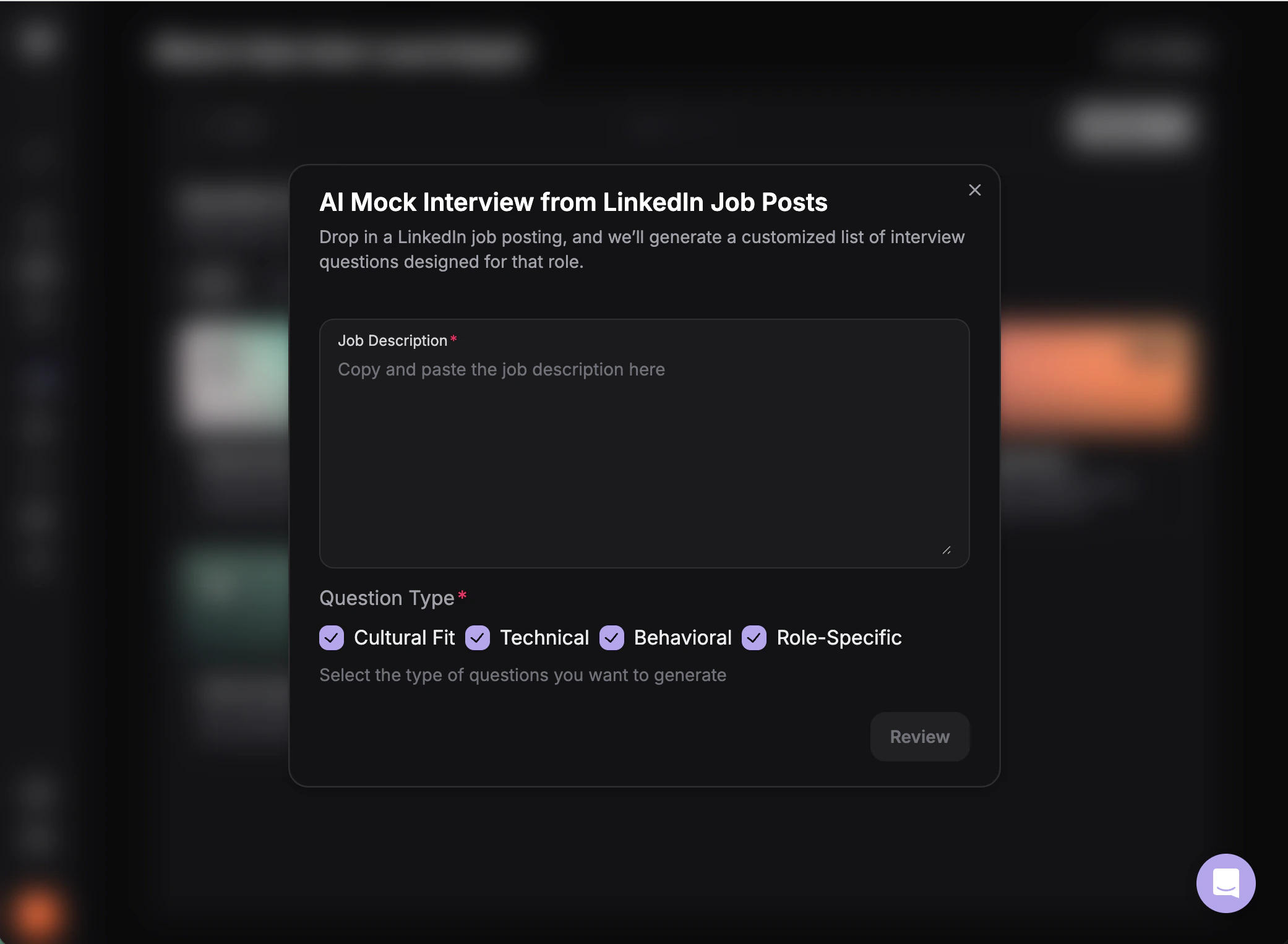 Generated interview questions from LinkedIn job post