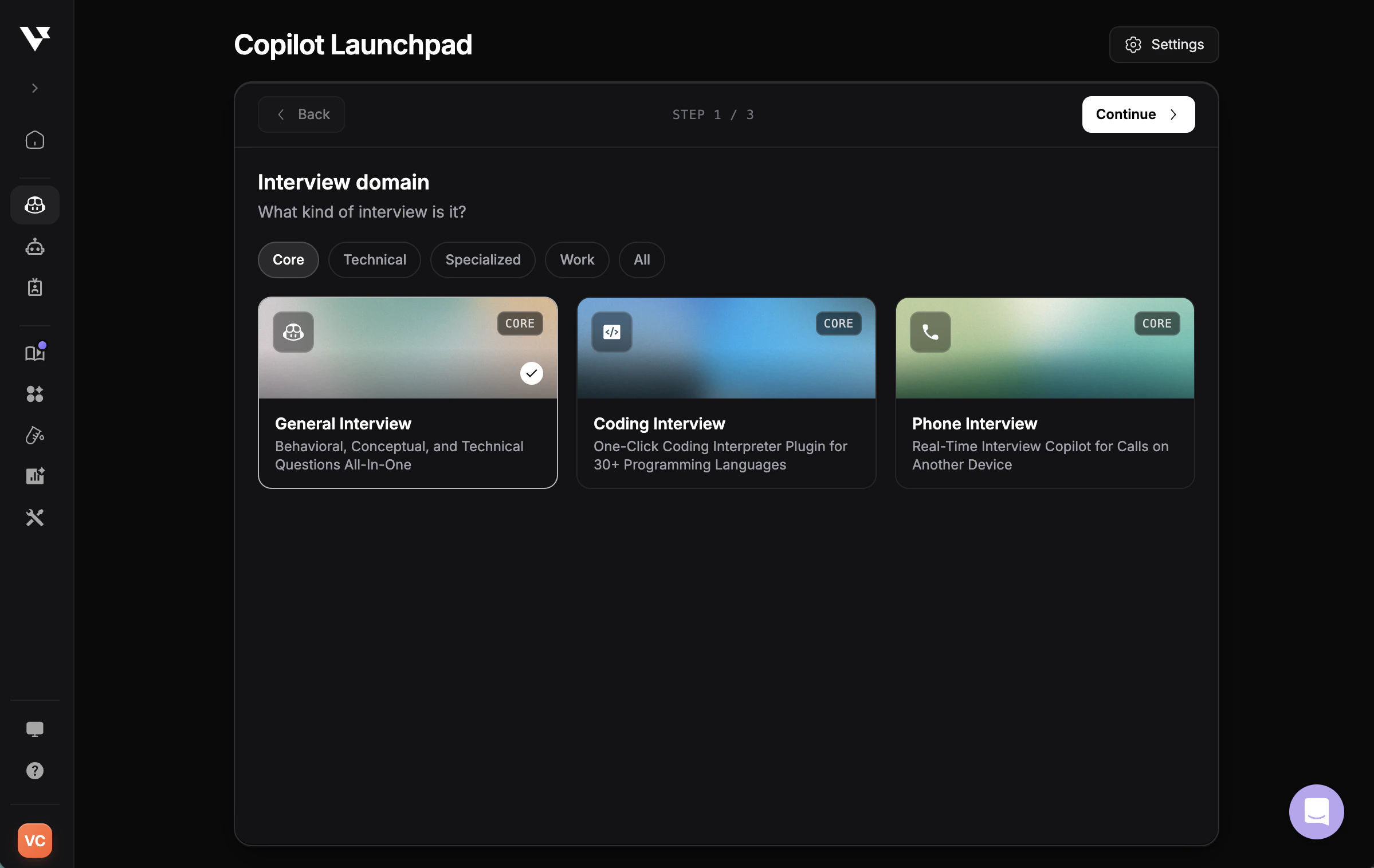 Interview launcher step 1 - Choose interview domain