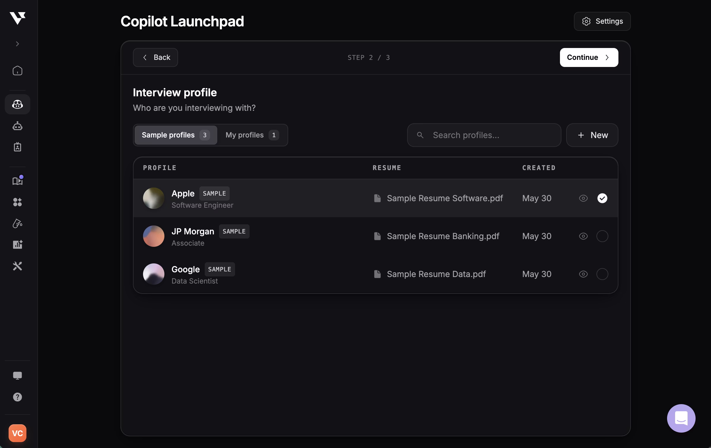 Interview launcher step 2 - Select your interview profile