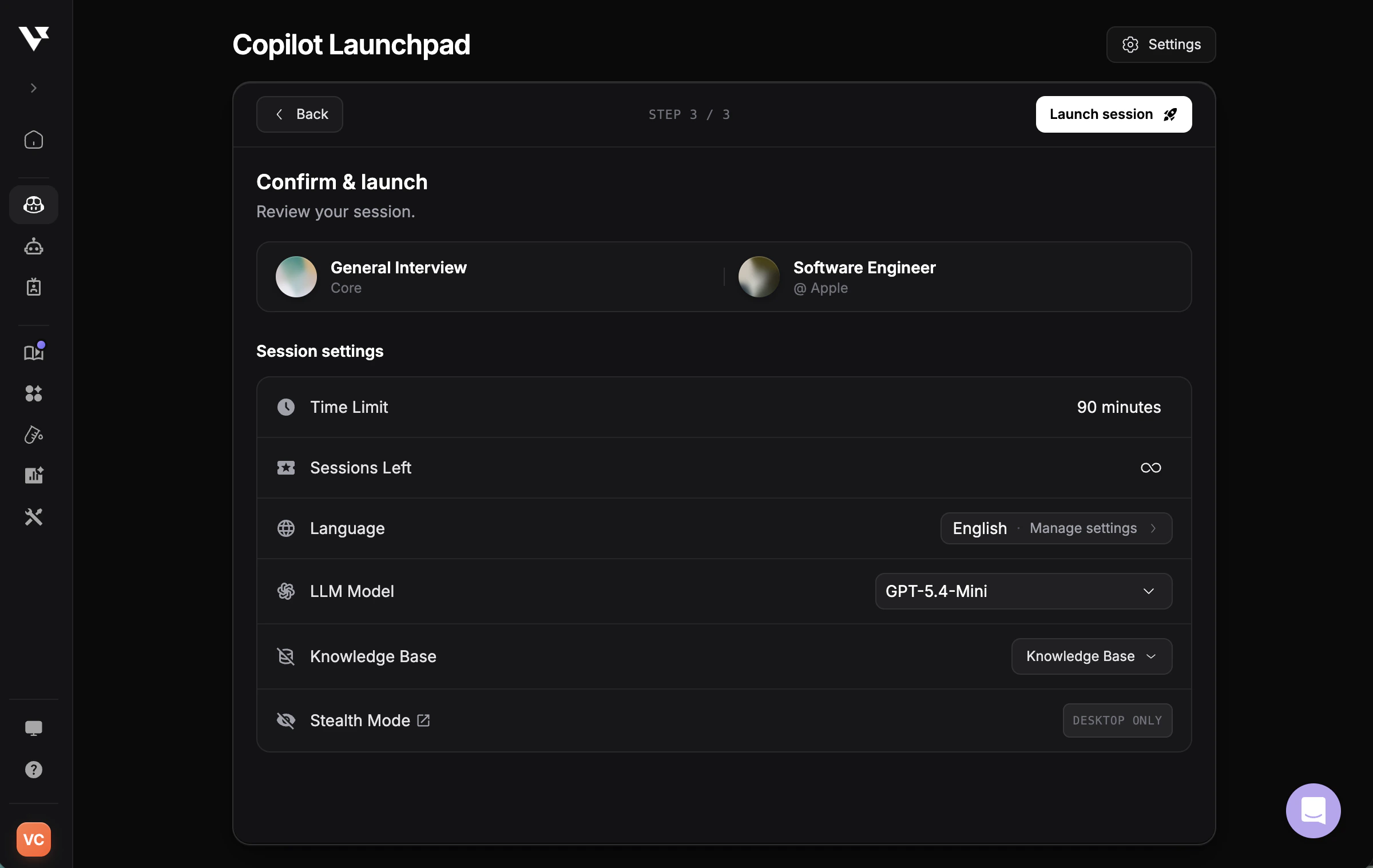 Interview launcher step 3 - Configure settings