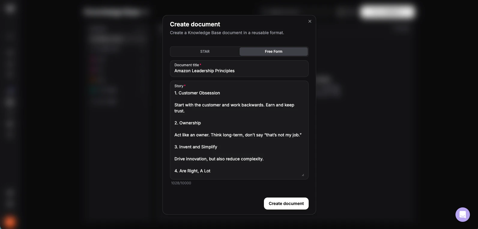 Knowledge Base Create from Scratch Interface