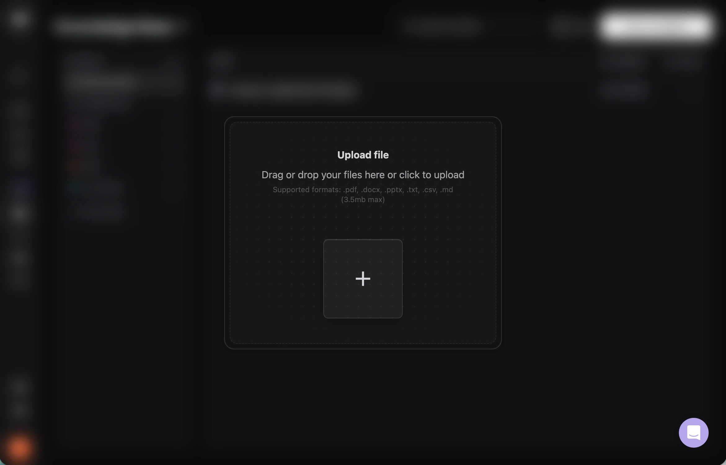 Upload file modal showing supported formats and size limit