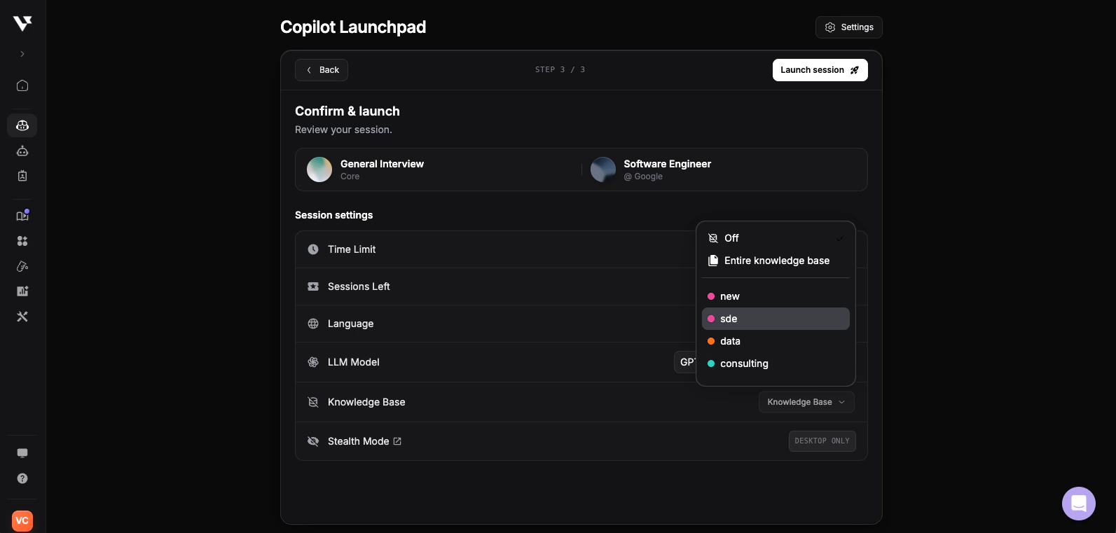Knowledge Base selector in the Copilot Launchpad