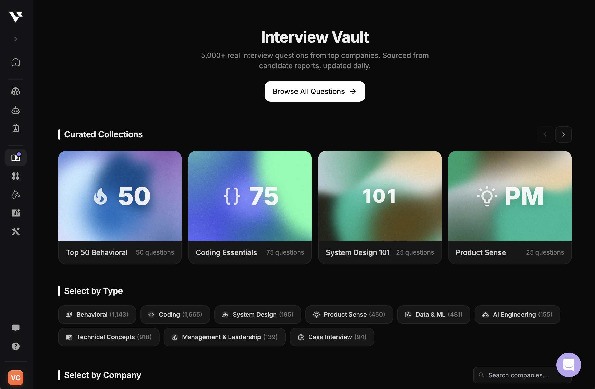 Interview Vault landing page with curated collections