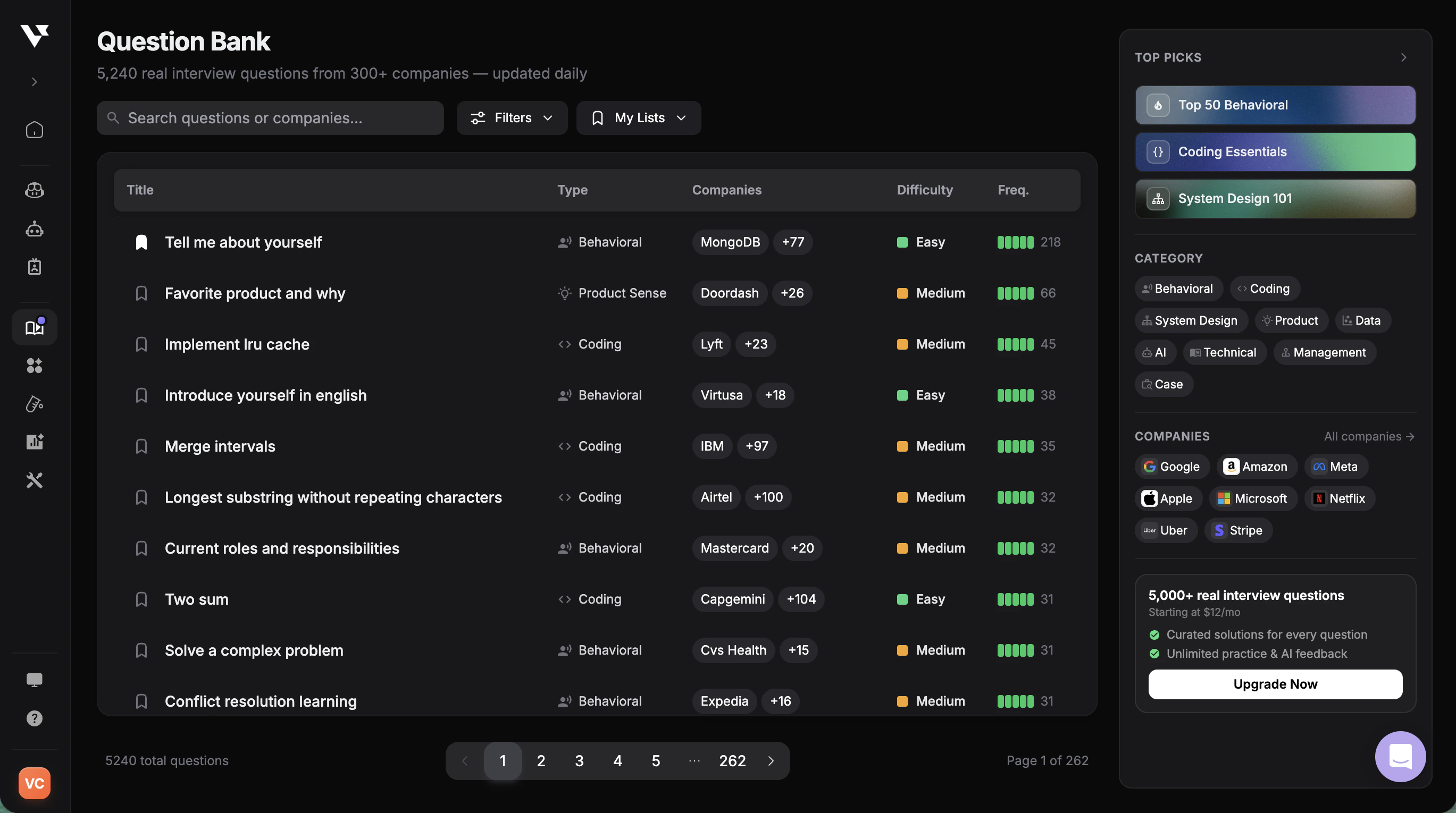 Question Bank list with filters and frequency data