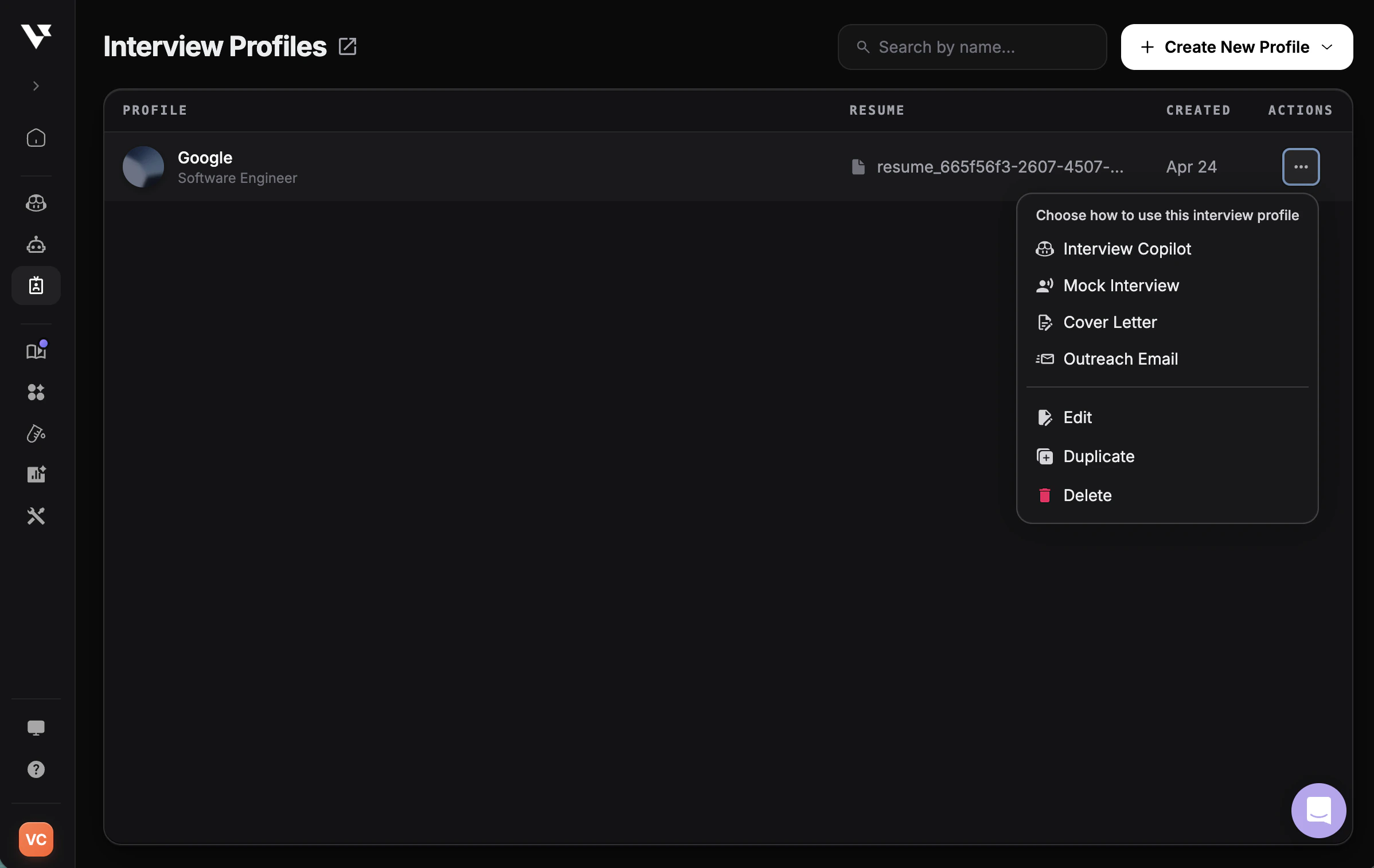Action menu showing ways to use an interview profile