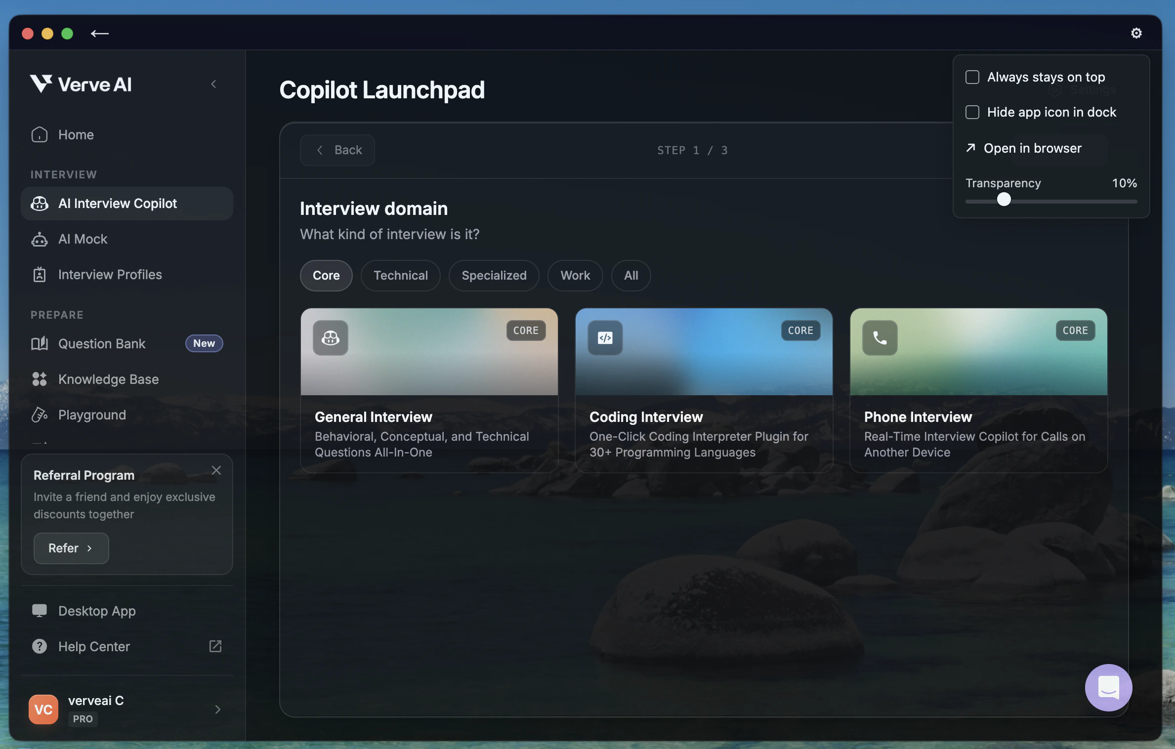 Window transparency settings