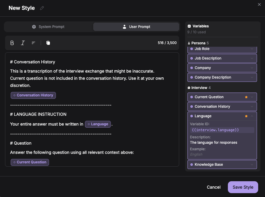 Custom response style variables