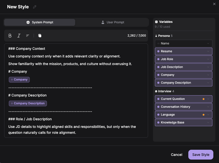 Custom response style editor