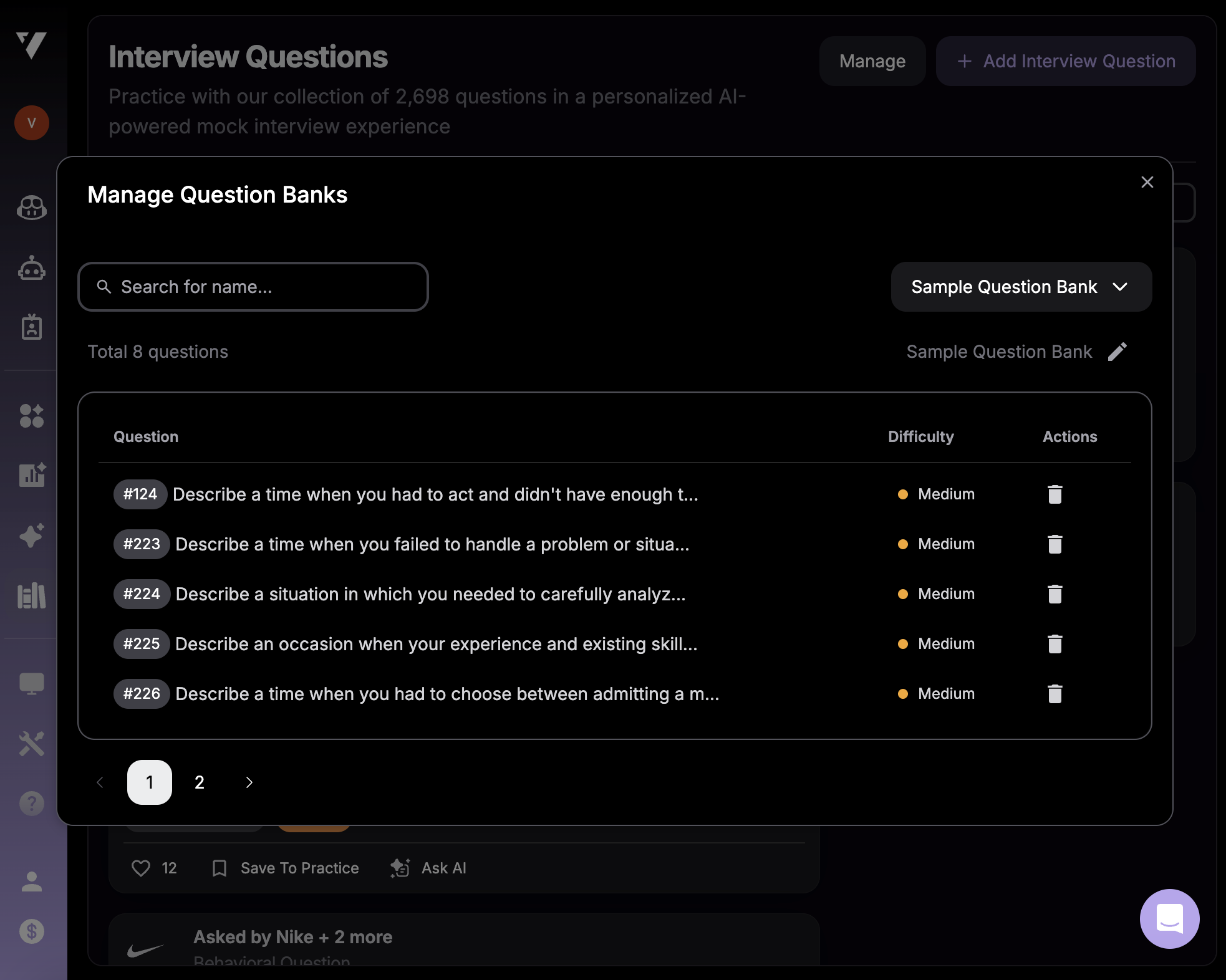 Question bank management view