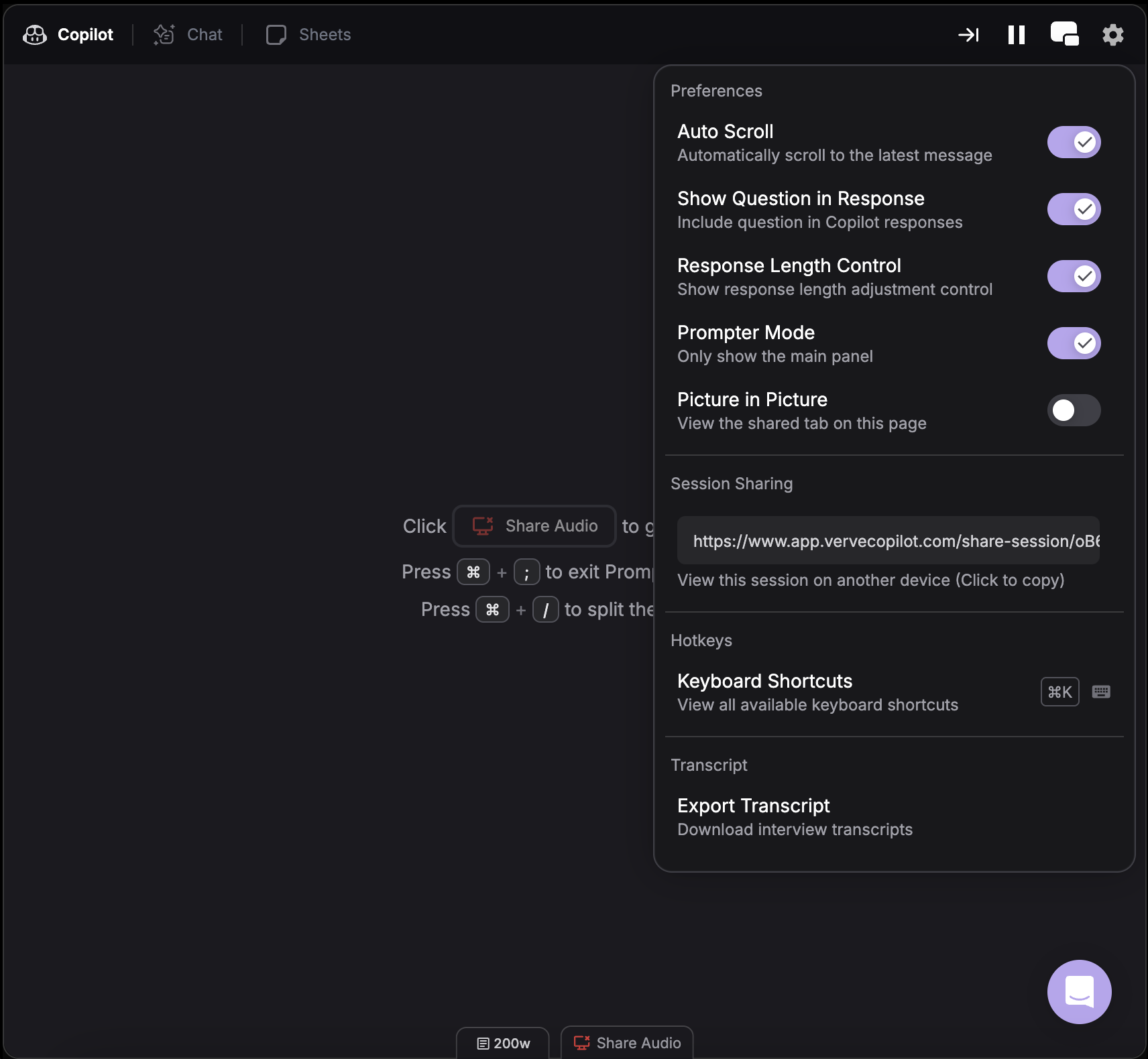 Settings menu showing session sharing option