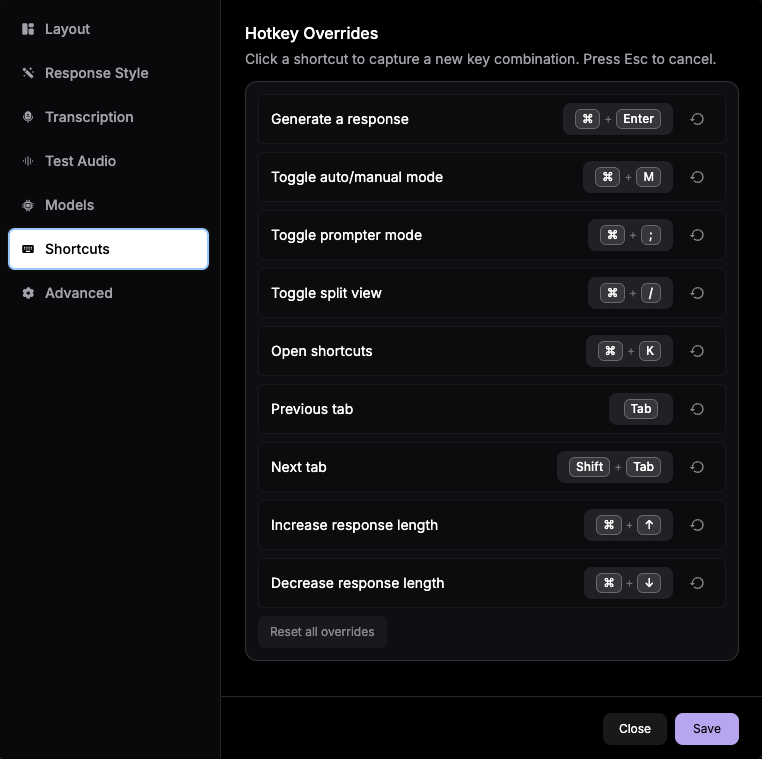 Keyboard shortcuts - Verve AI - Documentation