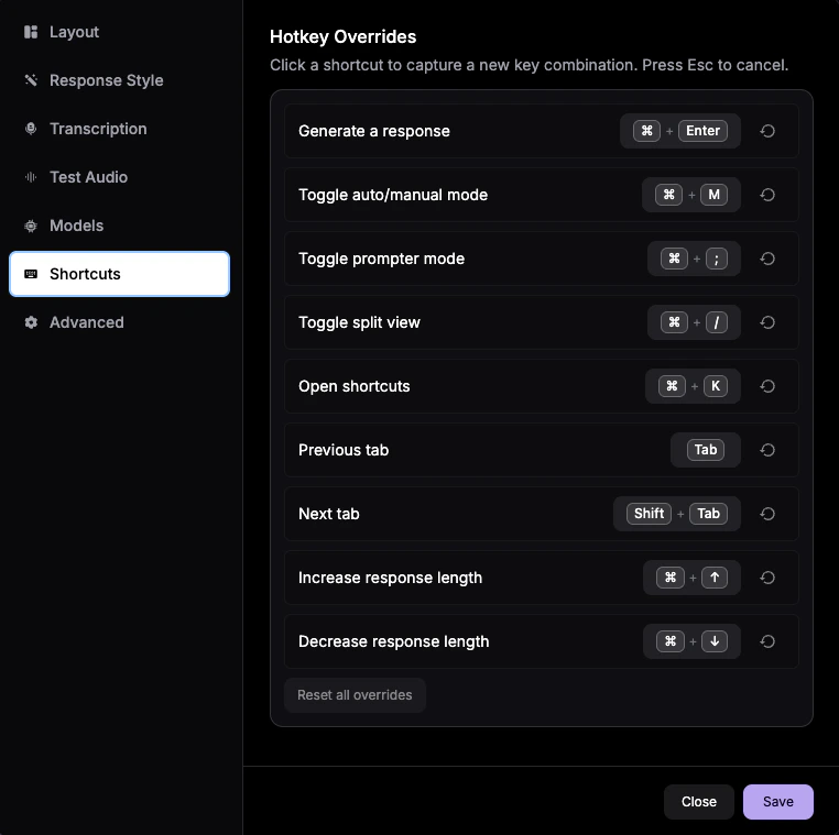 Configuración para personalizar atajos