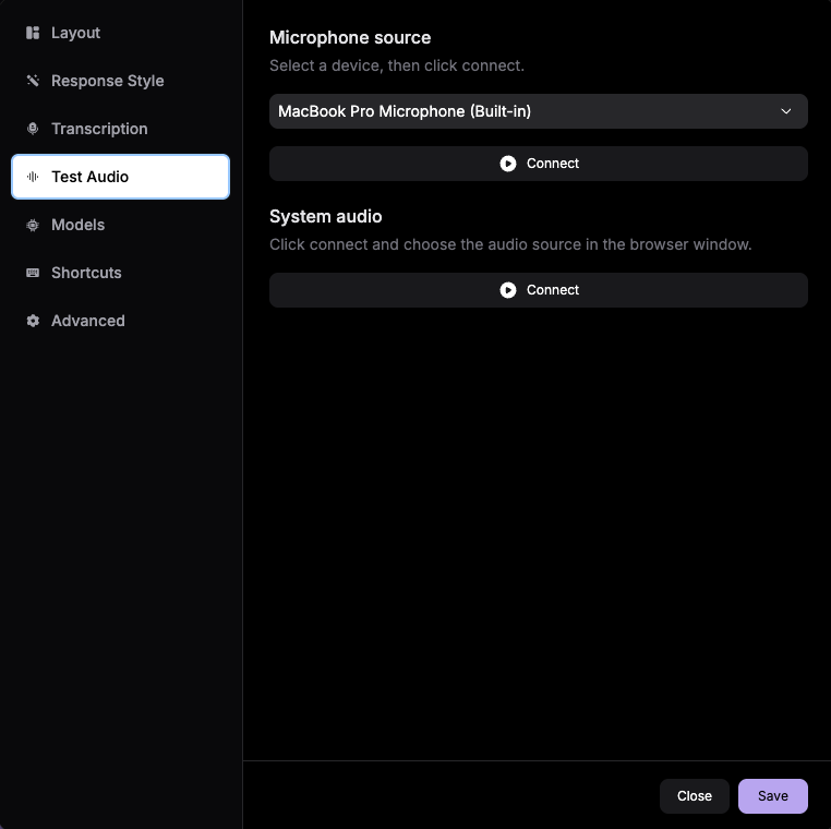 Test Audio tab in copilot launcher settings