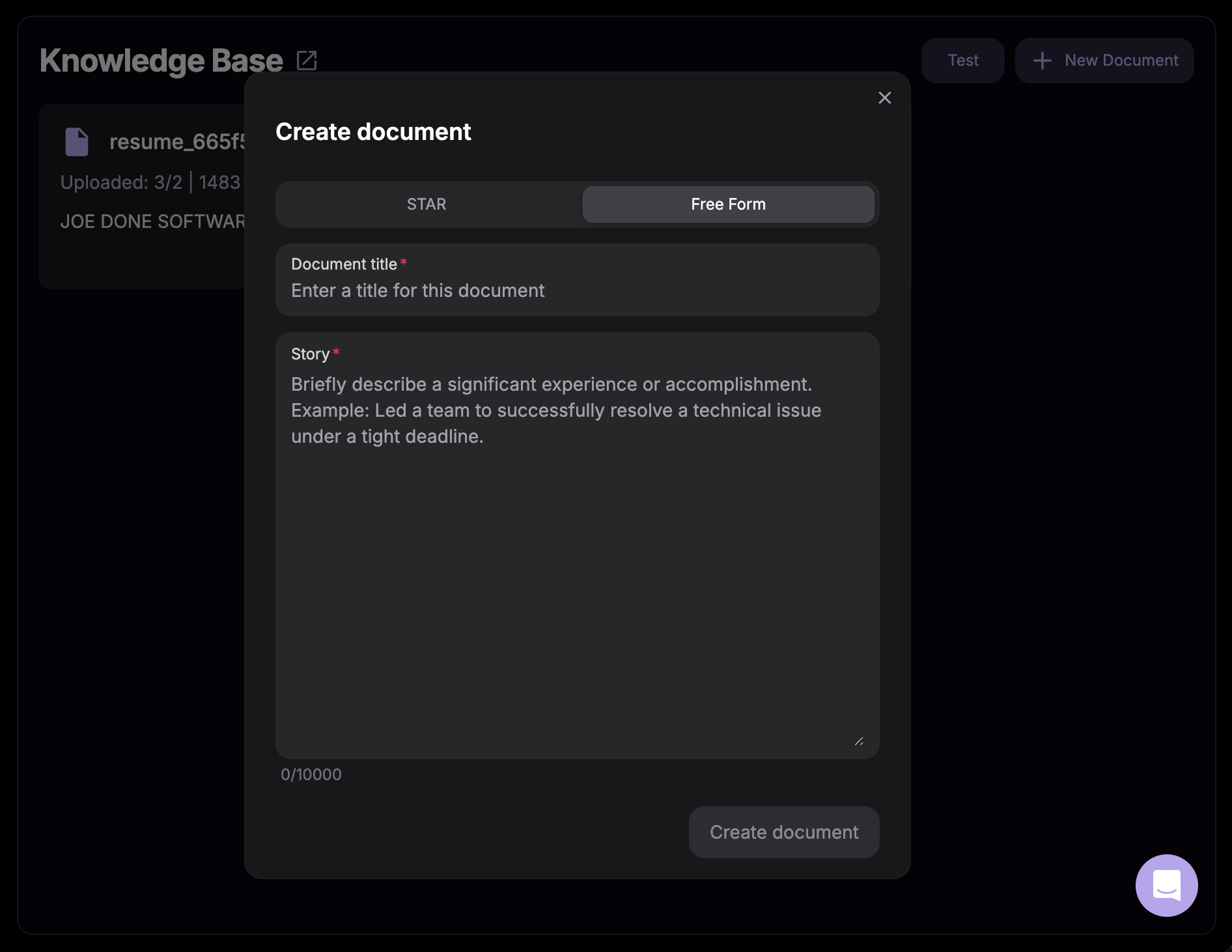 Knowledge Base Create from Scratch Interface