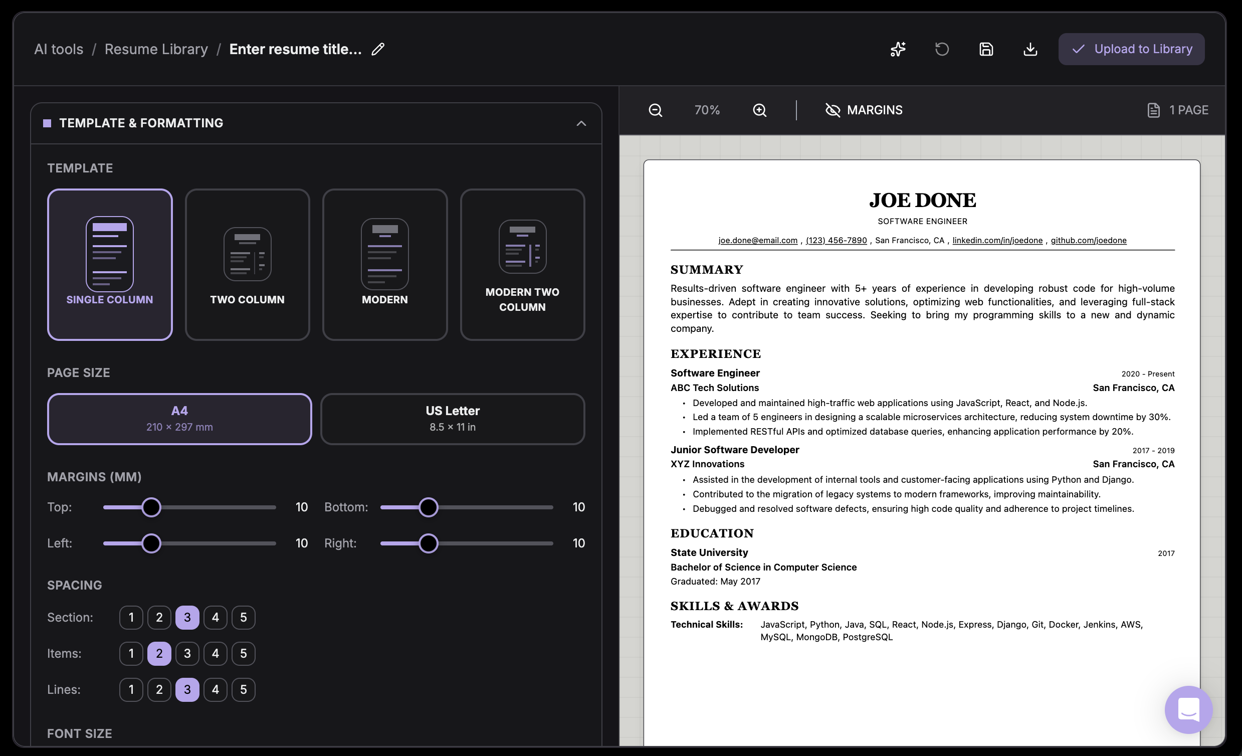 Interfaz principal del constructor de currículum