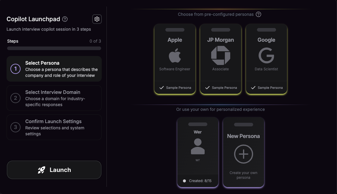 Interview launcher step 1 - Select your persona