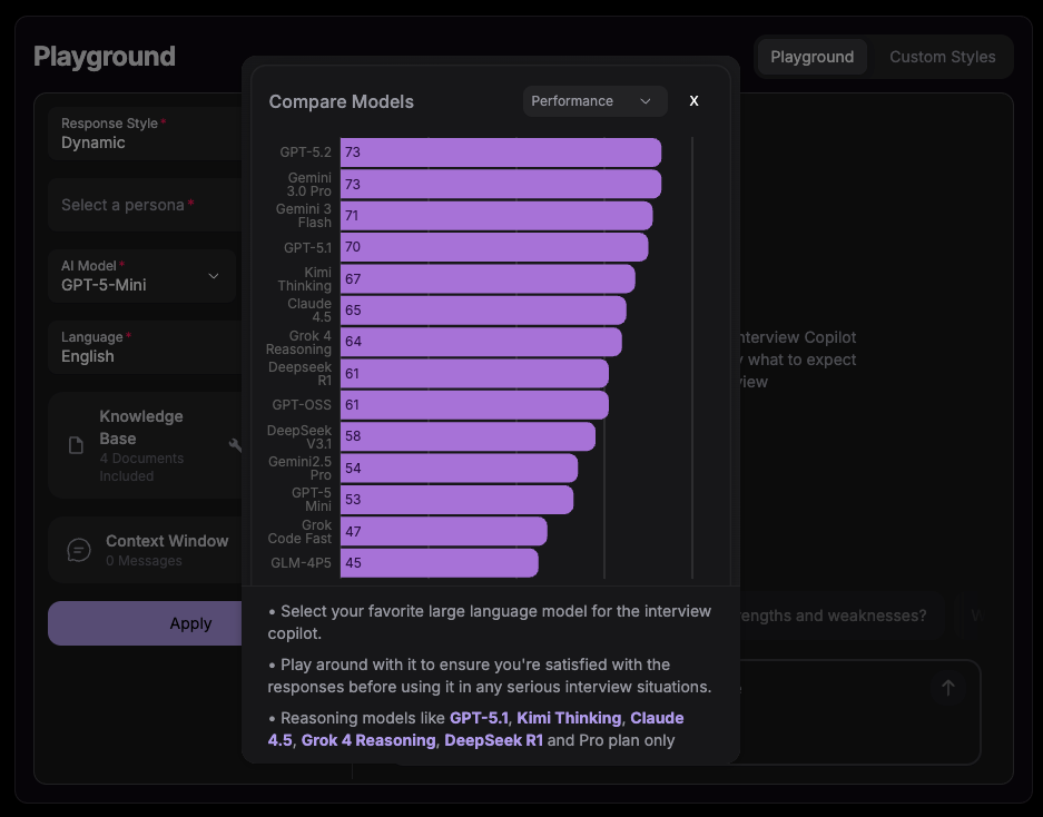 Available AI models in Playground