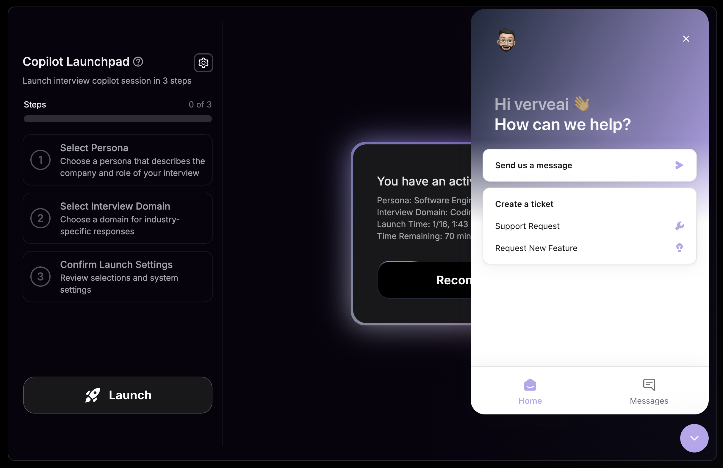 Contact support chat interface