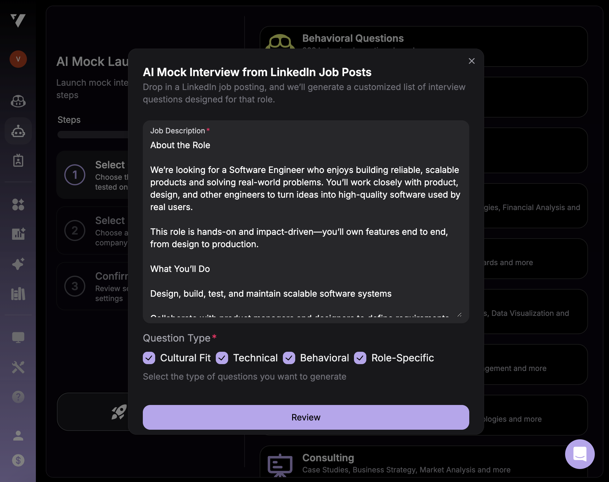 LinkedIn job description import and question type selection