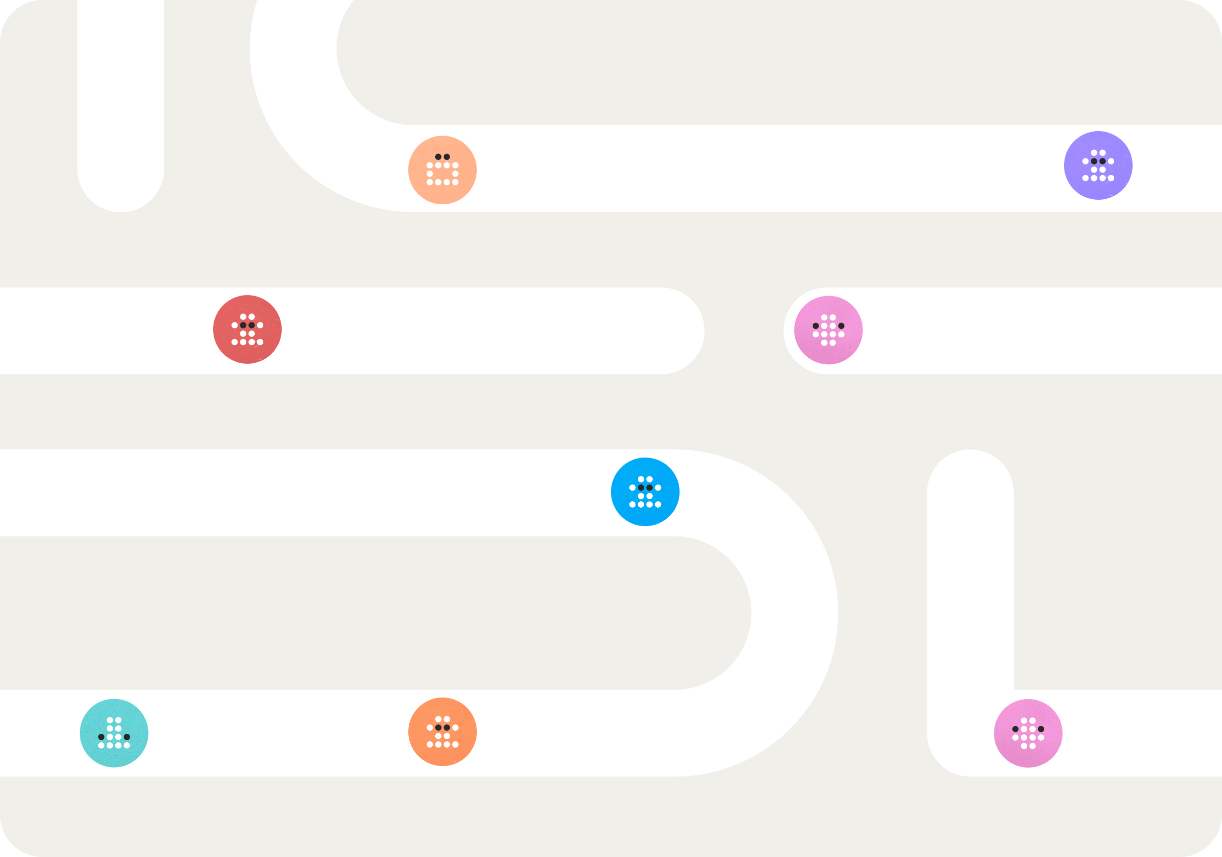 Abstract map of agents moving through connected platform paths.