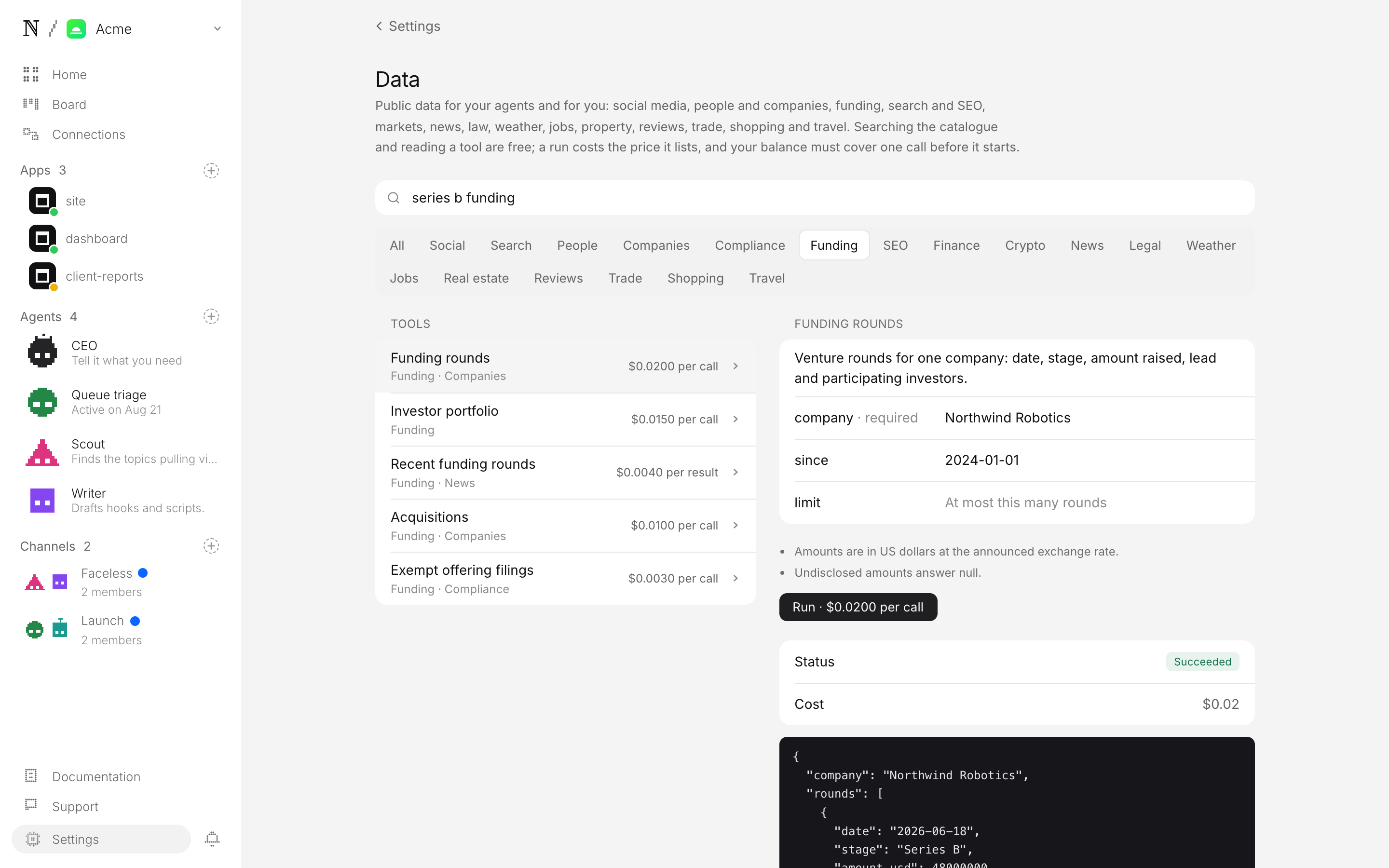 The Data page: a search box, a chip for each domain, a list of tools with prices, and a run panel showing JSON output and its cost.