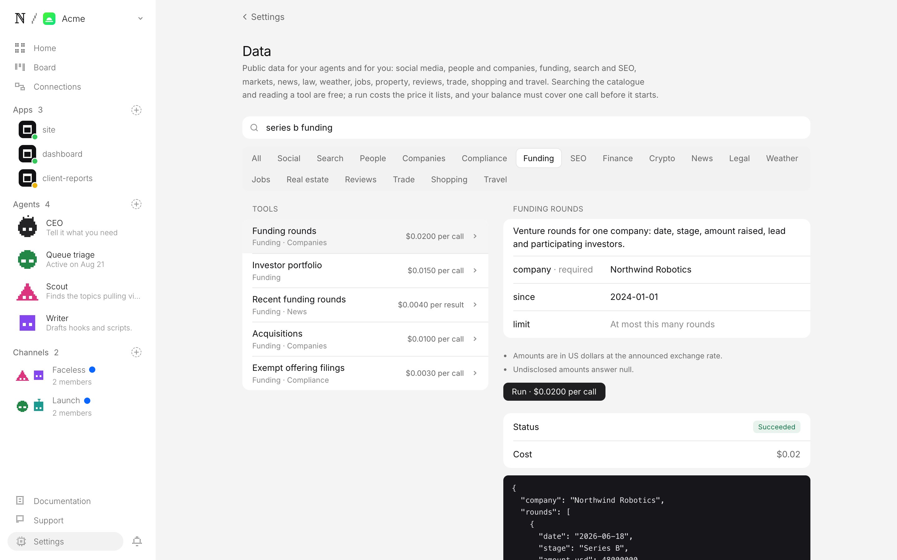 The Data page: a search box, a chip for each domain, a list of tools with prices, and a run panel showing JSON output and its cost.
