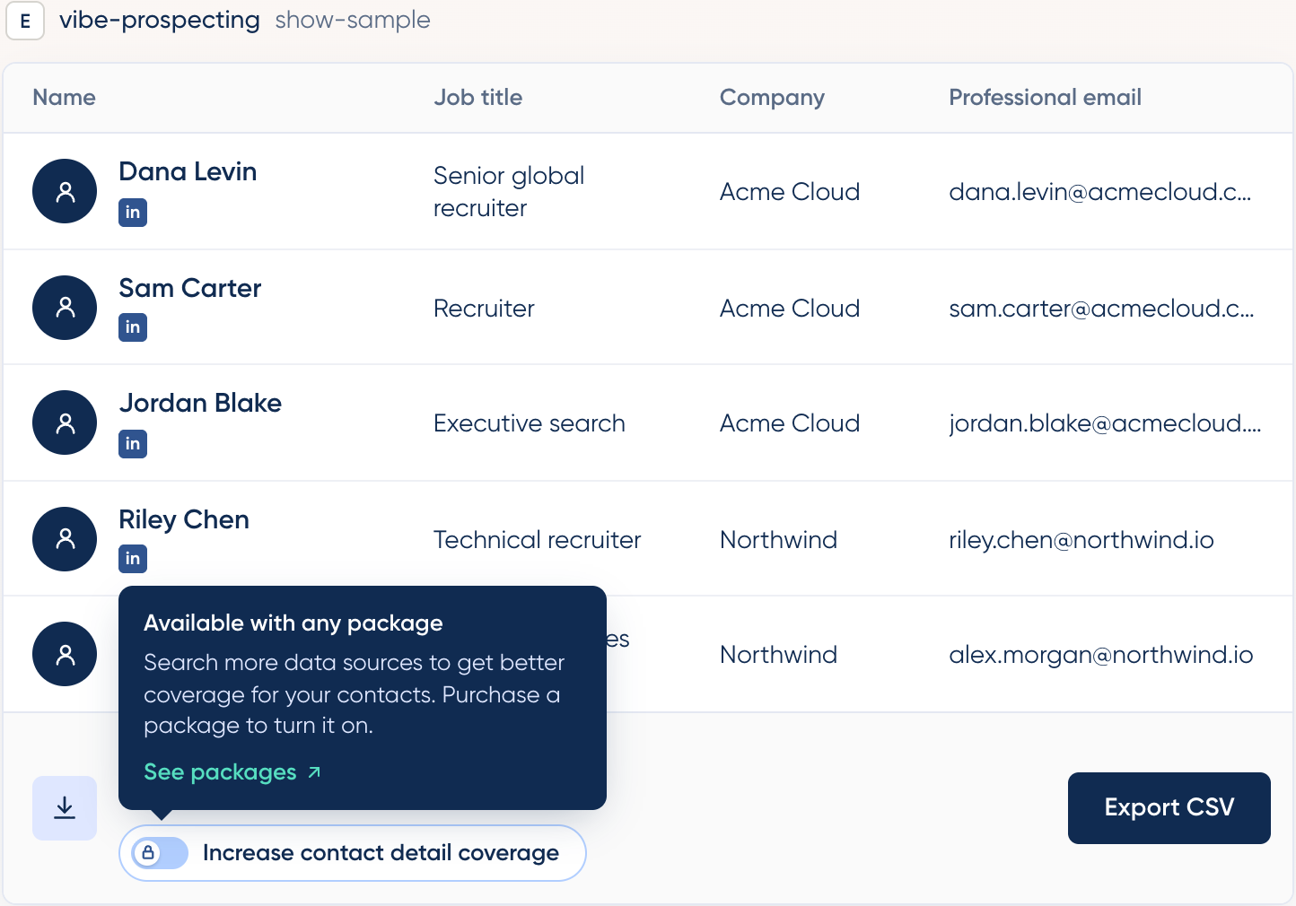 Locked Increase contact detail coverage toggle with a popup reading Available with any package and a See packages link