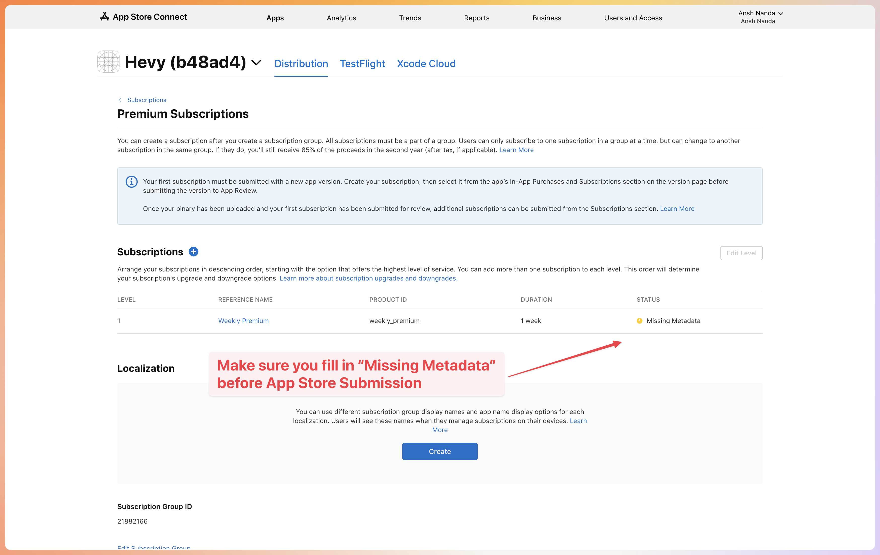 App Store Connect missing metadata