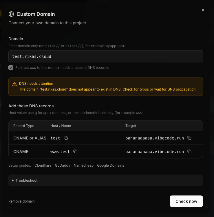 DNS records for subdomain showing CNAME records