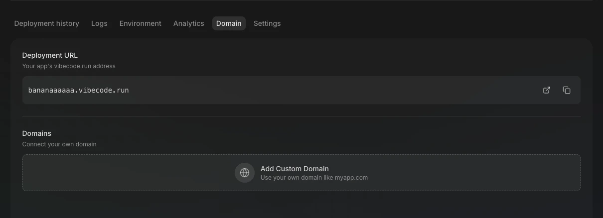 Domain tab in the deployment dashboard