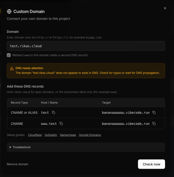 DNS records for subdomain showing CNAME records