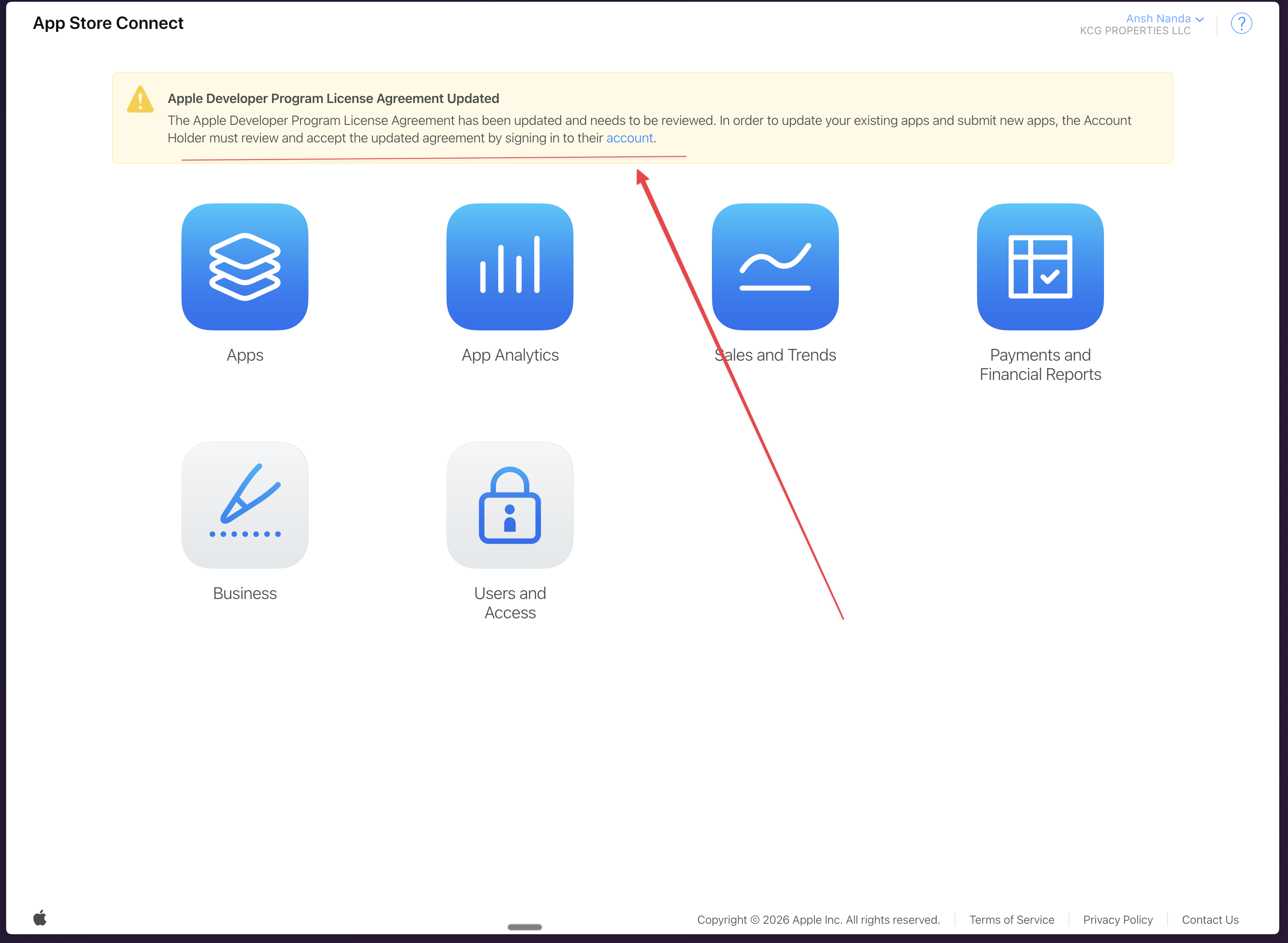 App Store Connect pending agreements warning
