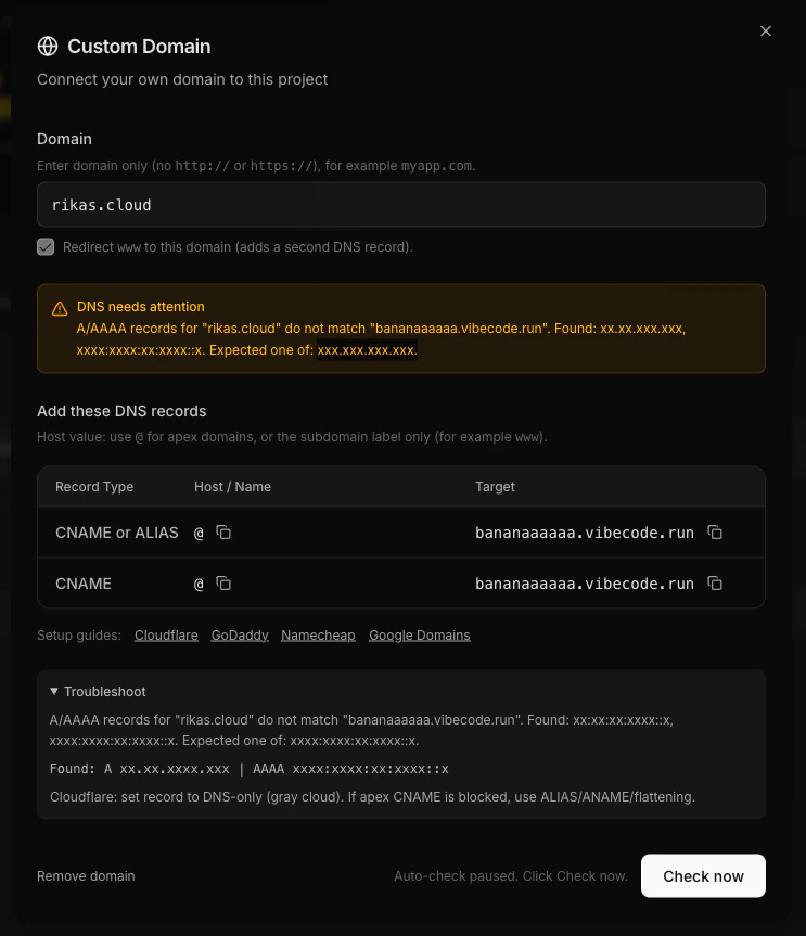 DNS records for apex domain showing ALIAS and CNAME records