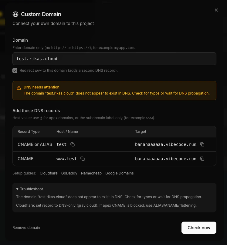 Troubleshoot section showing Cloudflare proxy tip