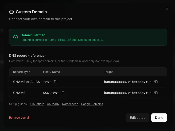 Domain verified confirmation showing routing is correct