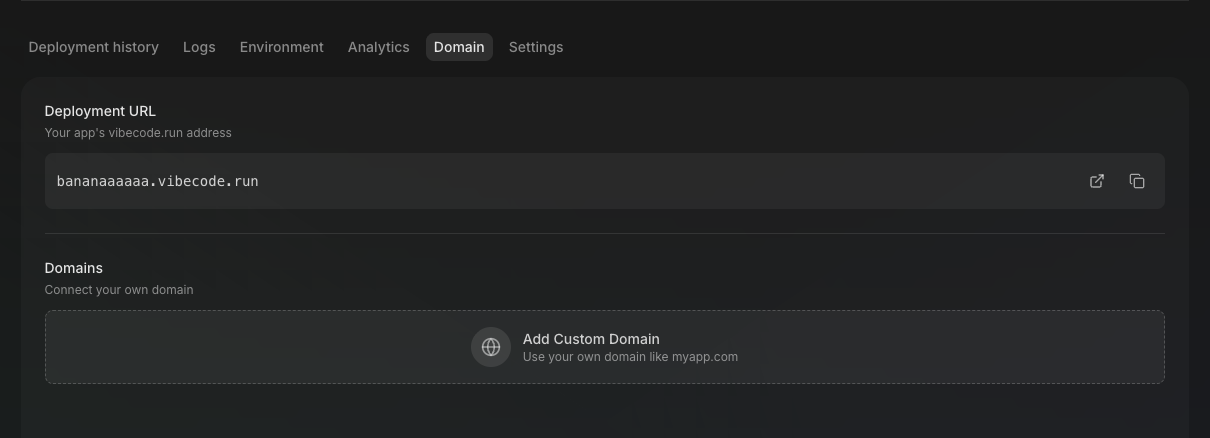 Domain tab in the deployment dashboard
