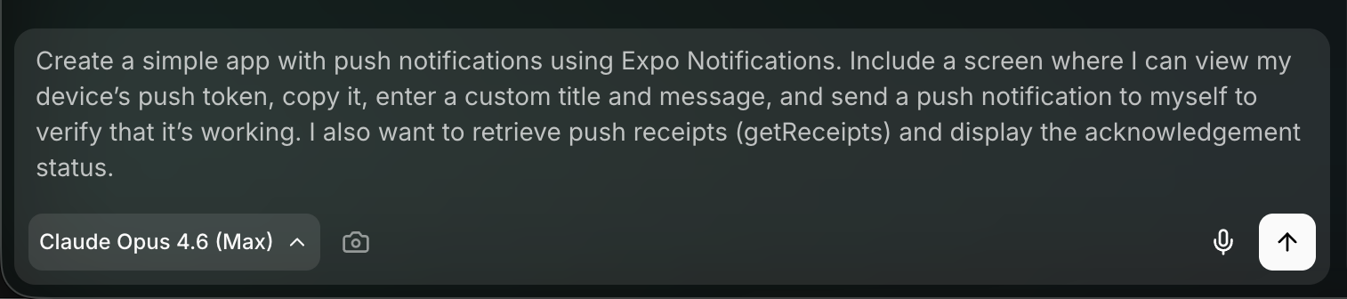 Example prompt for creating a push notifications app