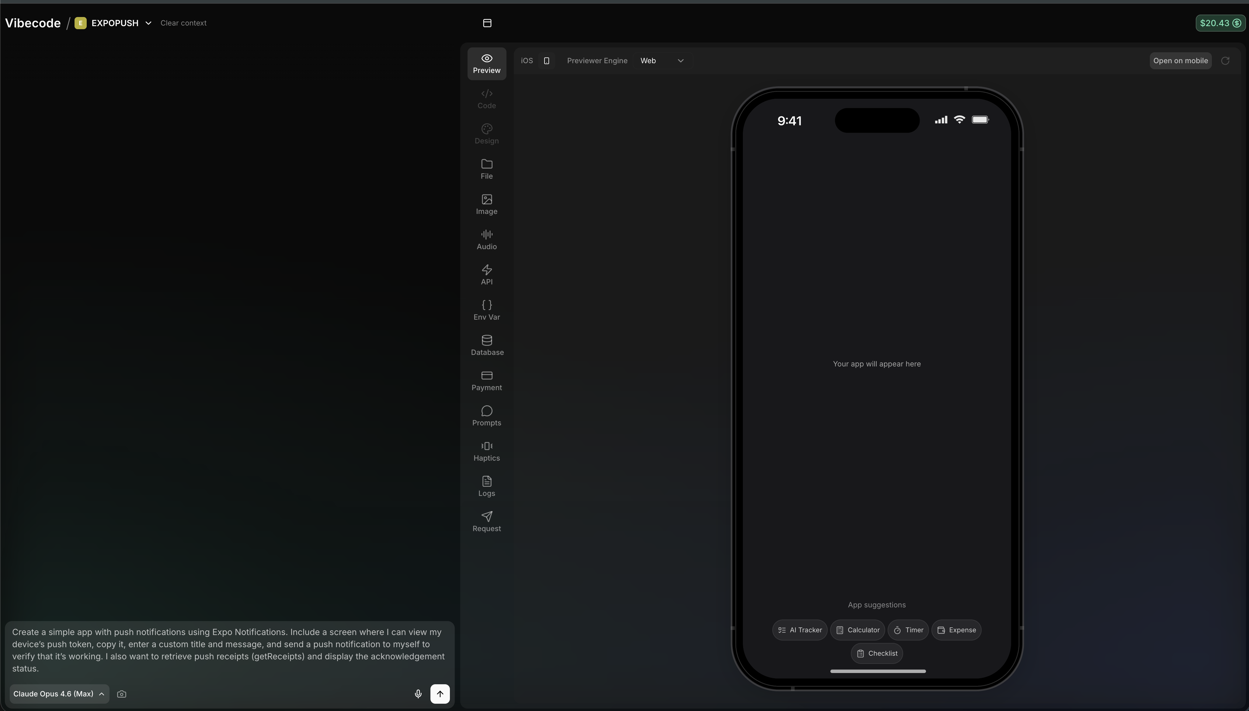 Vibecode generating the push notifications app