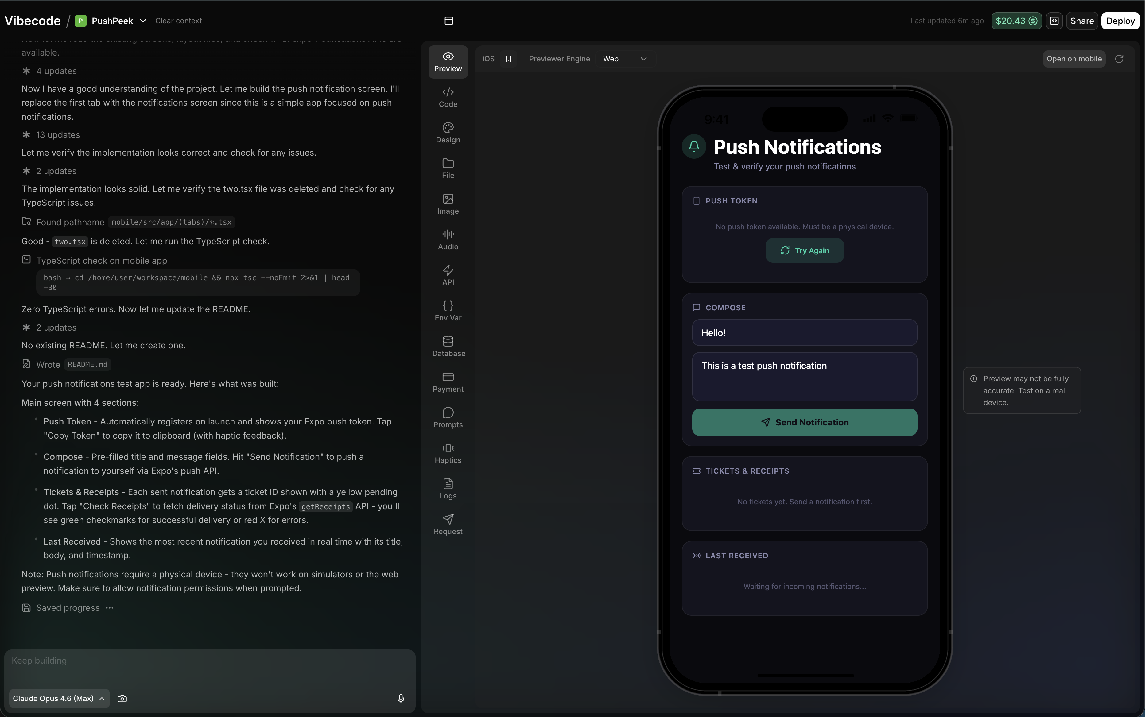 Generated push notifications app in Vibecode