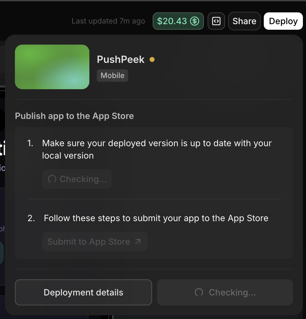 Share menu showing Submit to App Store option