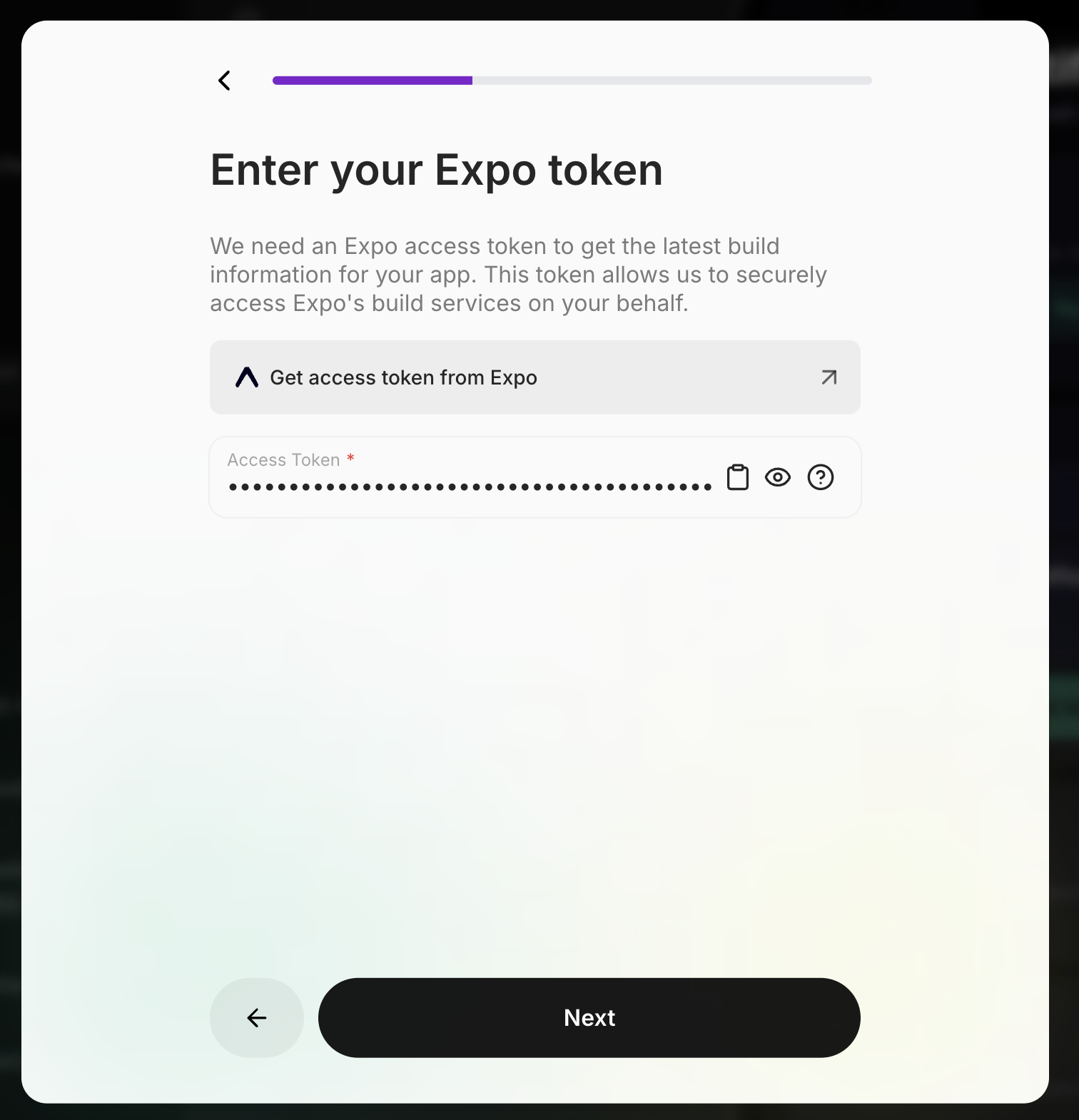 Entering Expo access token